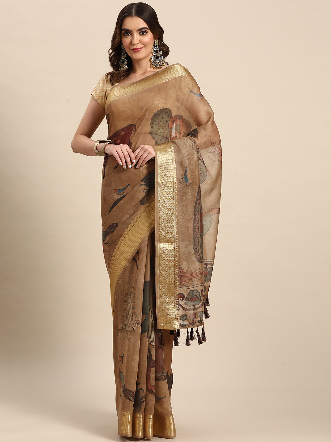 Multicolor Cotton Blend Printed Kalamkari Saree with Unstitched Blouse - Hiral Fashion - Distacart