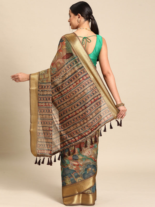 Multicolor Cotton Blend Printed Kalamkari Saree with Unstitched Blouse - Hiral Fashion - Distacart
