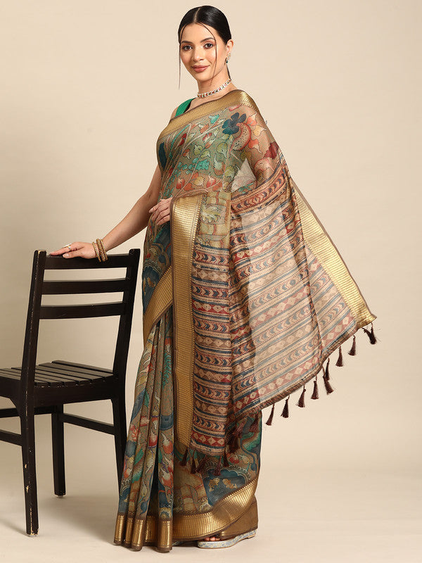 Multicolor Cotton Blend Printed Kalamkari Saree with Unstitched Blouse - Hiral Fashion - Distacart