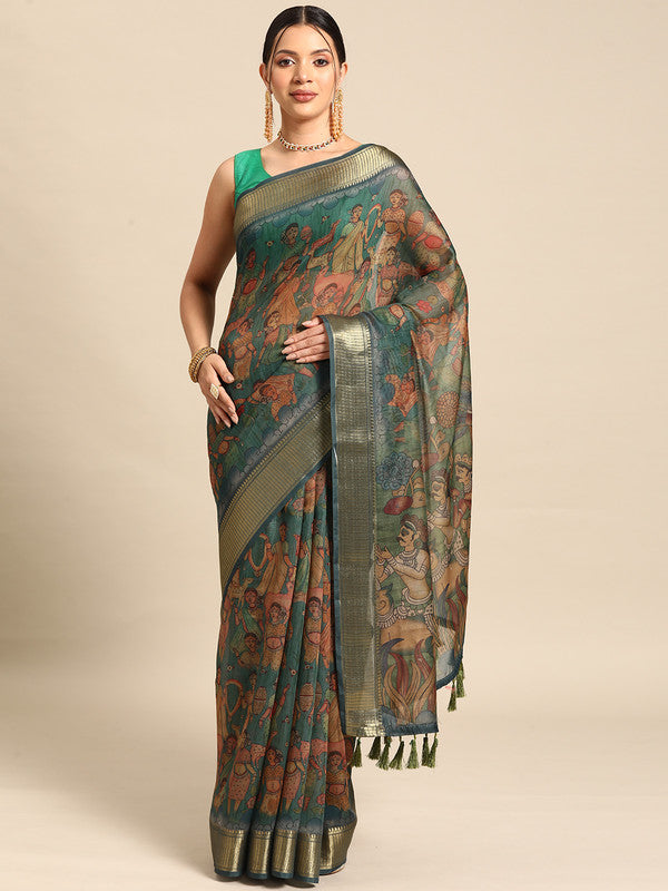 Multicolor Cotton Blend Printed Kalamkari Saree with Unstitched Blouse - Hiral Fashion - Distacart