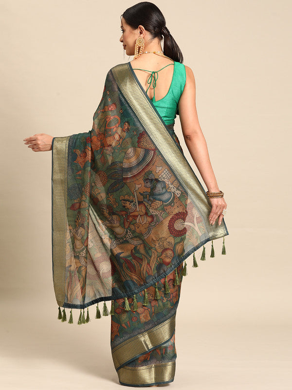 Multicolor Cotton Blend Printed Kalamkari Saree with Unstitched Blouse - Hiral Fashion - Distacart