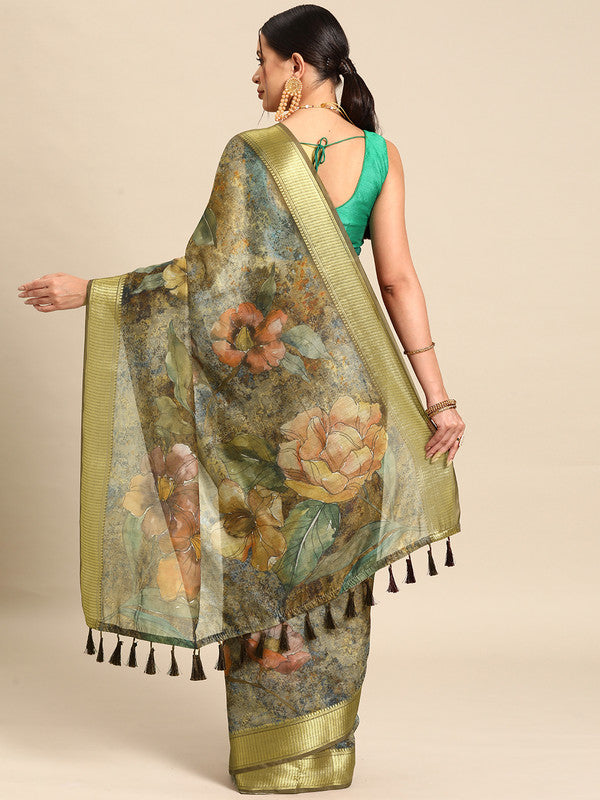 Multicolor Cotton Blend Printed Kalamkari Saree with Unstitched Blouse - Hiral Fashion - Distacart