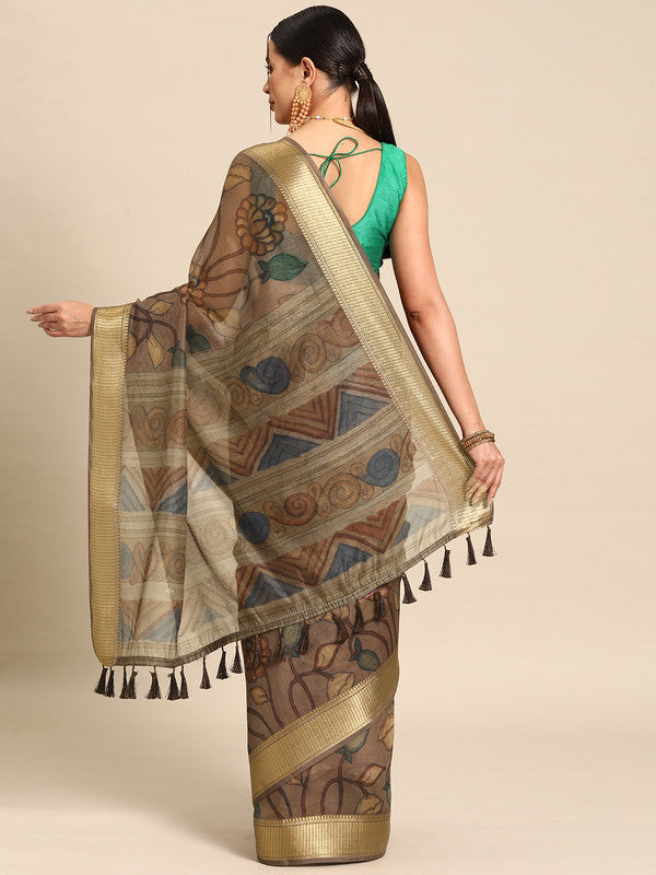 Multicolor Cotton Blend Printed Kalamkari Saree with Unstitched Blouse - Hiral Fashion - Distacart