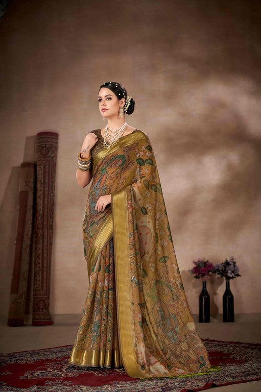 Multicolor Cotton Blend Printed Kalamkari Saree with Unstitched Blouse - Hiral Fashion - Distacart