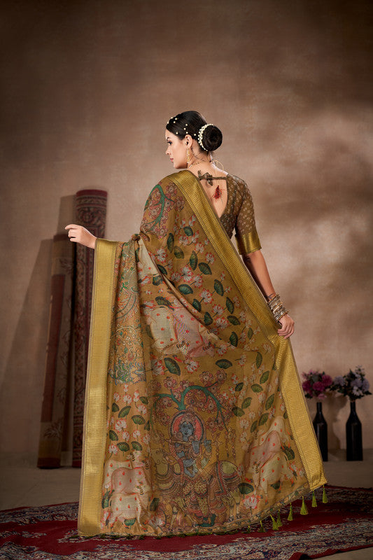 Multicolor Cotton Blend Printed Kalamkari Saree with Unstitched Blouse - Hiral Fashion - Distacart