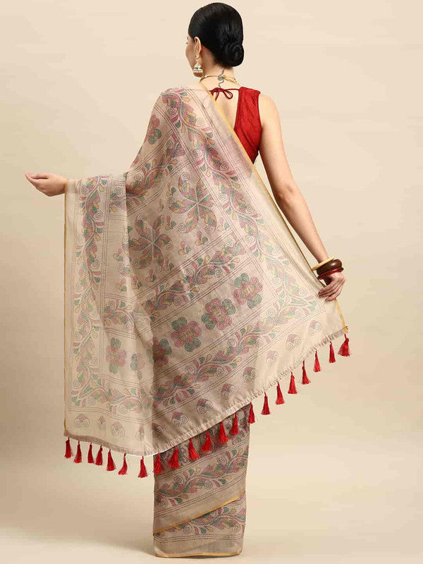 Multicolor Cotton Blend Printed Kalamkari Saree with Unstitched Blouse - Hiral Fashion - Distacart