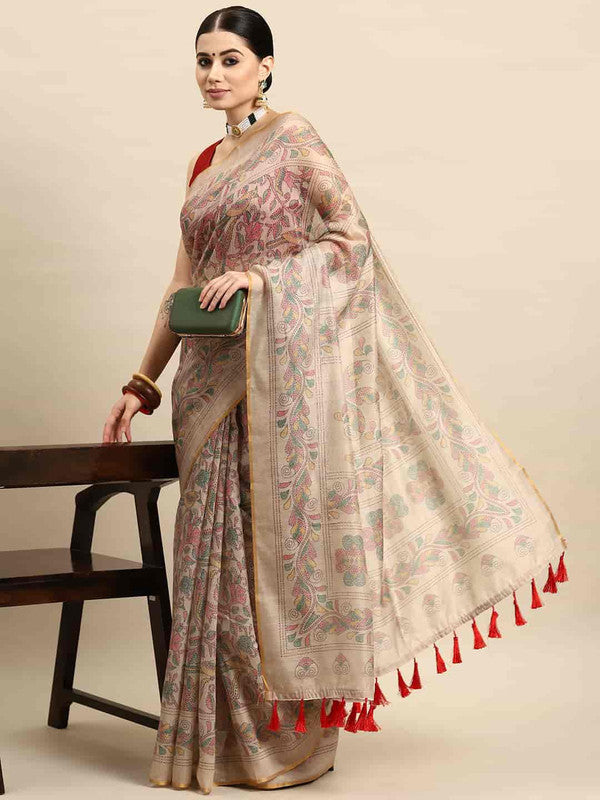 Multicolor Cotton Blend Printed Kalamkari Saree with Unstitched Blouse - Hiral Fashion - Distacart