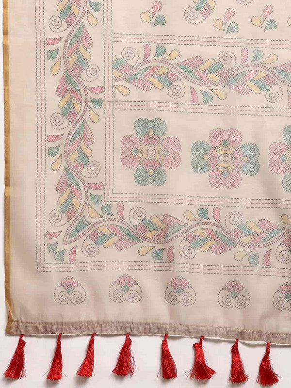 Multicolor Cotton Blend Printed Kalamkari Saree with Unstitched Blouse - Hiral Fashion - Distacart