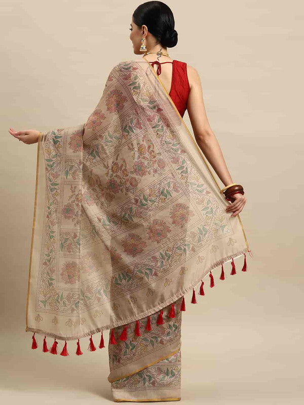Multicolor Cotton Blend Printed Kalamkari Saree with Unstitched Blouse - Hiral Fashion - Distacart