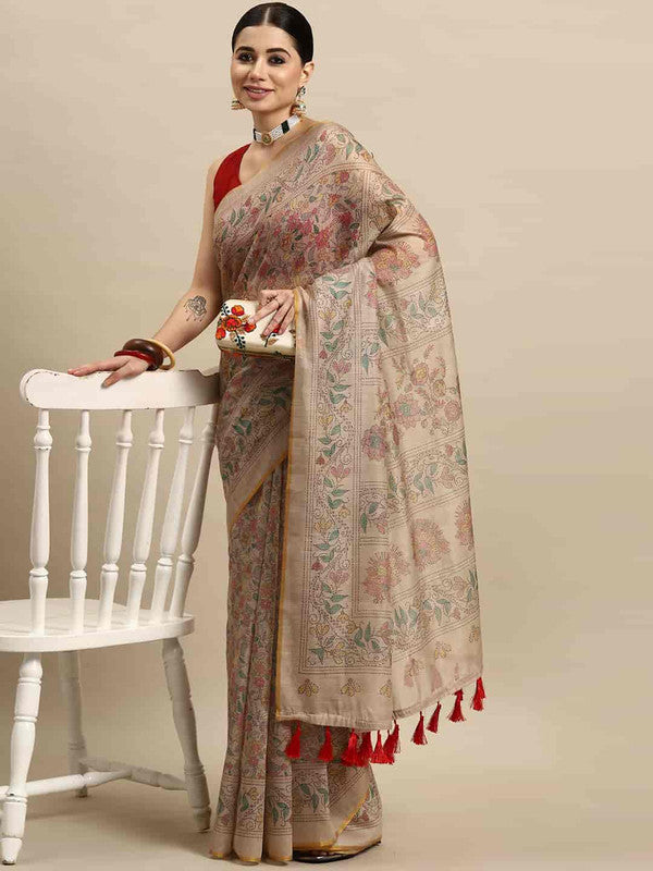 Multicolor Cotton Blend Printed Kalamkari Saree with Unstitched Blouse - Hiral Fashion - Distacart