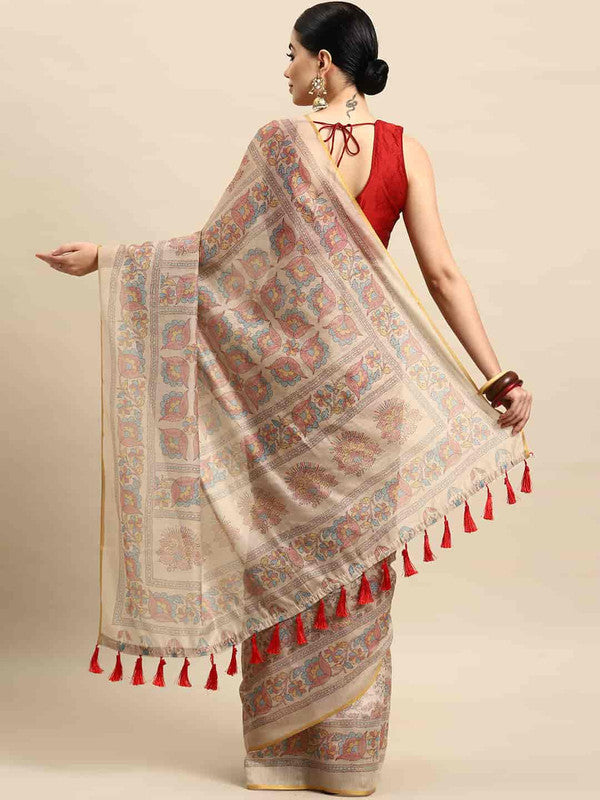 Multicolor Cotton Blend Printed Kalamkari Saree with Unstitched Blouse - Hiral Fashion - Distacart
