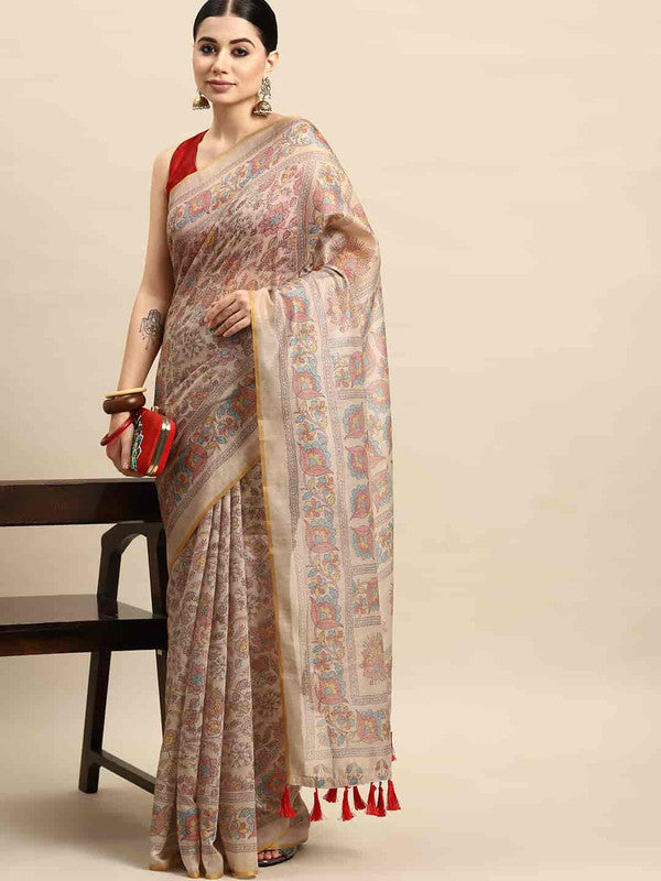 Multicolor Cotton Blend Printed Kalamkari Saree with Unstitched Blouse - Hiral Fashion - Distacart