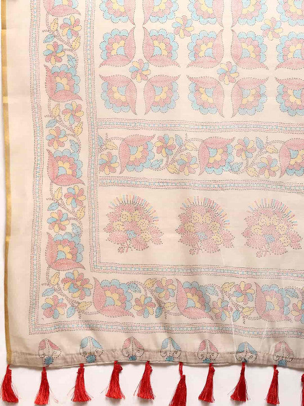 Multicolor Cotton Blend Printed Kalamkari Saree with Unstitched Blouse - Hiral Fashion - Distacart