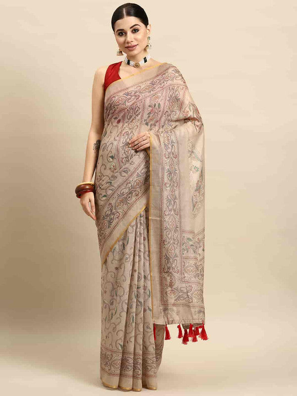 Multicolor Cotton Blend Printed Kalamkari Saree with Unstitched Blouse - Hiral Fashion - Distacart