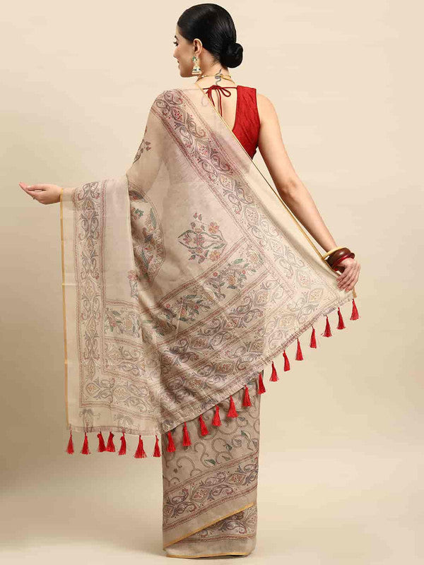 Multicolor Cotton Blend Printed Kalamkari Saree with Unstitched Blouse - Hiral Fashion - Distacart