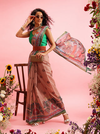 Peach Cotton Blend Printed Madhubani Saree with Unstitched Blouse - Hiral Fashion - Distacart