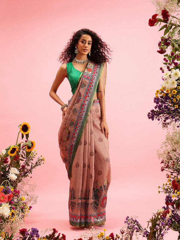 Peach Cotton Blend Printed Madhubani Saree with Unstitched Blouse - Hiral Fashion - Distacart