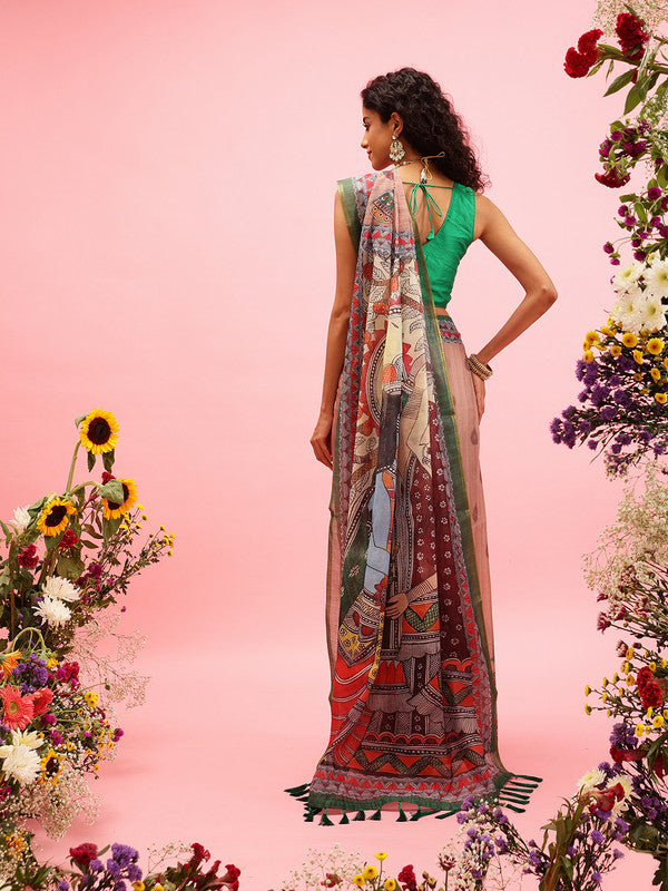 Peach Cotton Blend Printed Madhubani Saree with Unstitched Blouse - Hiral Fashion - Distacart