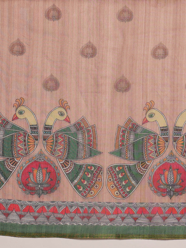 Peach Cotton Blend Printed Madhubani Saree with Unstitched Blouse - Hiral Fashion - Distacart