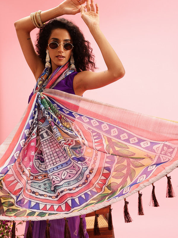Purple Cotton Blend Printed Madhubani Saree with Unstitched Blouse - Hiral Fashion - Distacart