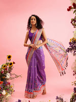 Thumbnail for Purple Cotton Blend Printed Madhubani Saree with Unstitched Blouse - Hiral Fashion - Distacart