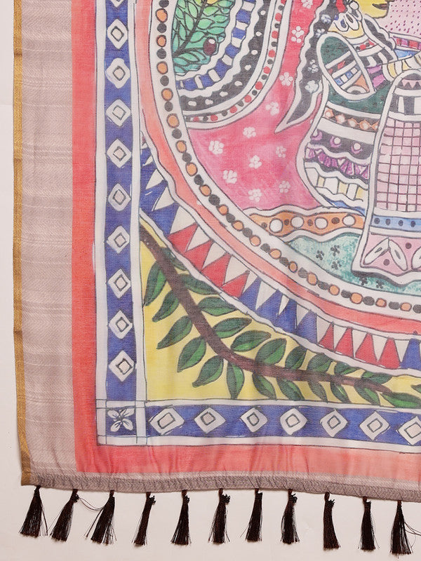 Purple Cotton Blend Printed Madhubani Saree with Unstitched Blouse - Hiral Fashion - Distacart