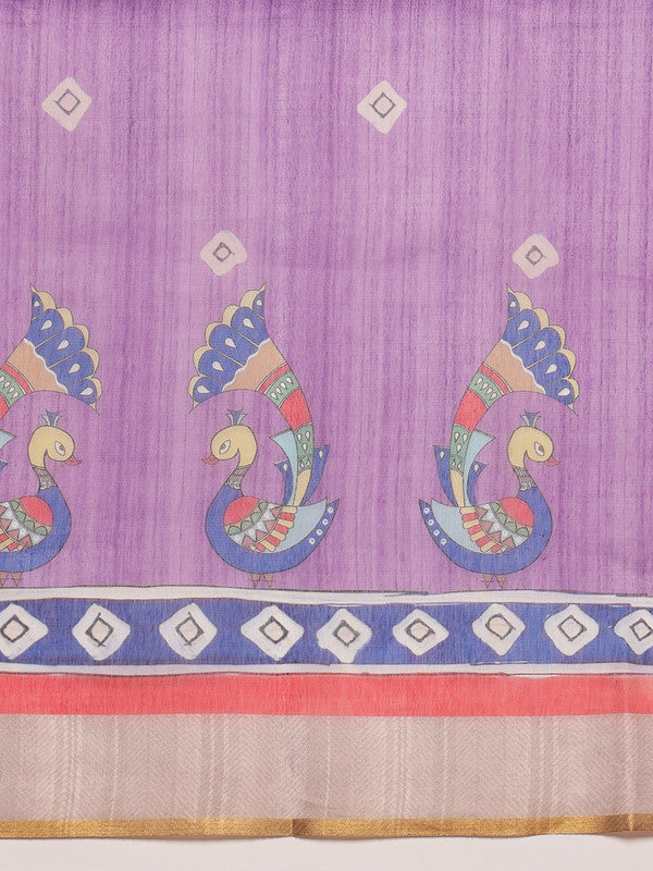 Purple Cotton Blend Printed Madhubani Saree with Unstitched Blouse - Hiral Fashion - Distacart