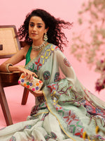 Thumbnail for Green Cotton Blend Printed Madhubani Saree with Unstitched Blouse - Hiral Fashion - Distacart