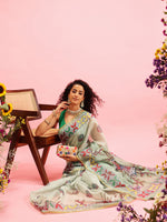 Thumbnail for Green Cotton Blend Printed Madhubani Saree with Unstitched Blouse - Hiral Fashion - Distacart