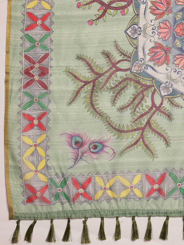 Green Cotton Blend Printed Madhubani Saree with Unstitched Blouse - Hiral Fashion - Distacart
