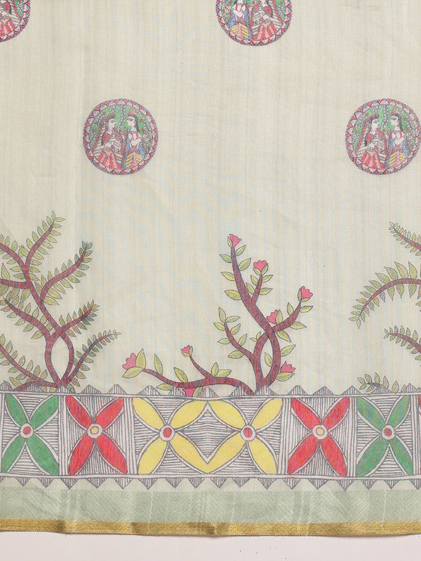Green Cotton Blend Printed Madhubani Saree with Unstitched Blouse - Hiral Fashion - Distacart