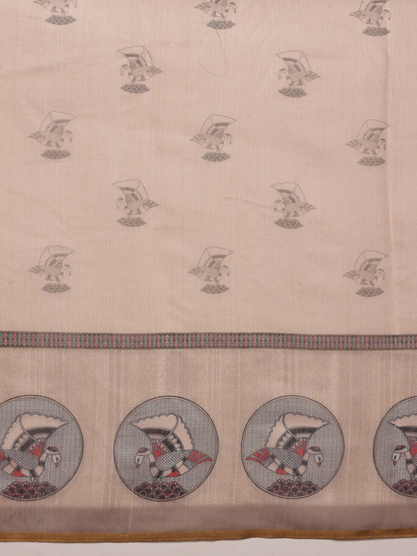Beige Cotton Blend Printed Madhubani Saree with Unstitched Blouse - Hiral Fashion - Distacart