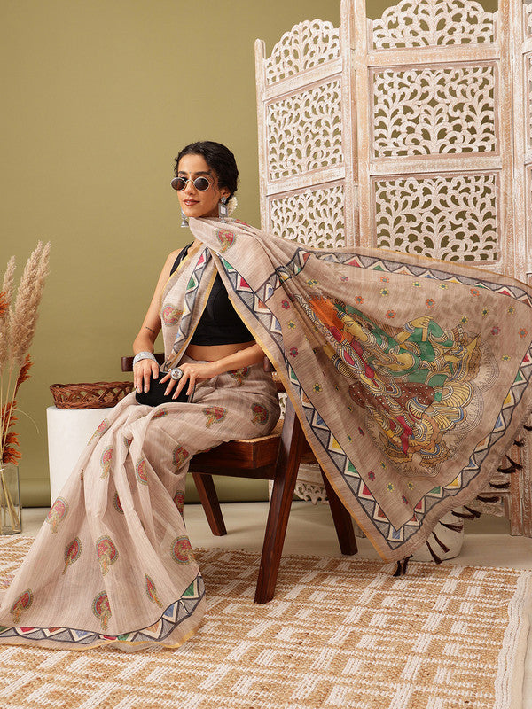 Beige Cotton Blend Printed Madhubani Saree with Unstitched Blouse - Hiral Fashion - Distacart