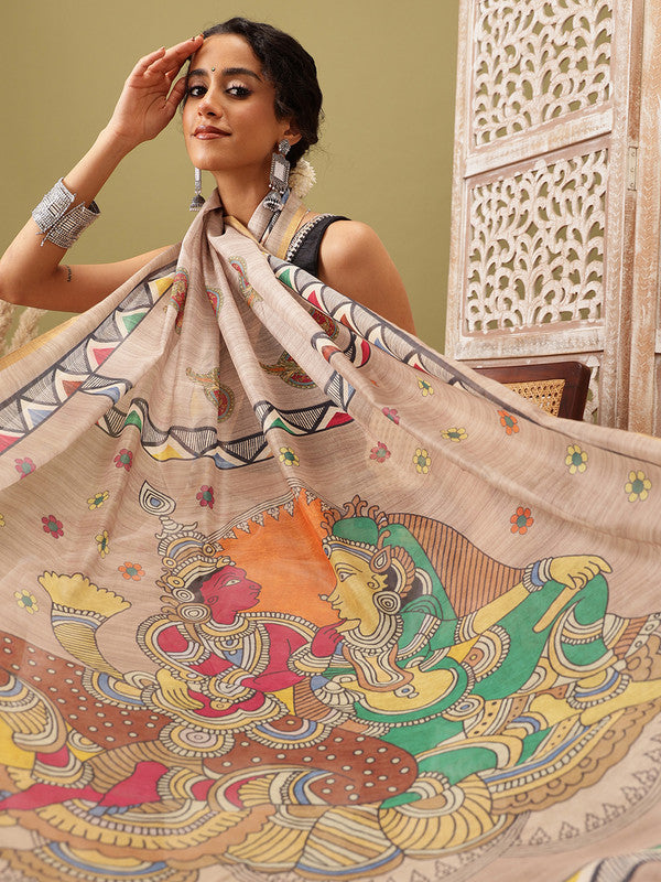 Beige Cotton Blend Printed Madhubani Saree with Unstitched Blouse - Hiral Fashion - Distacart