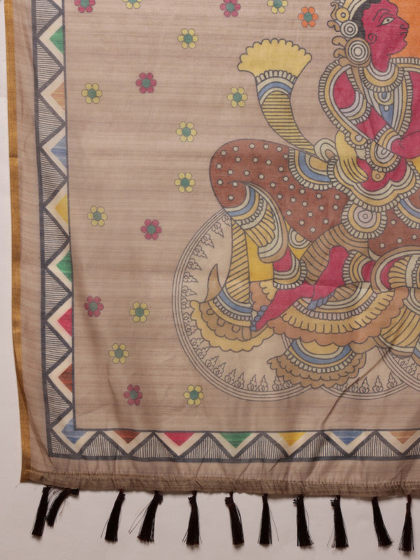 Beige Cotton Blend Printed Madhubani Saree with Unstitched Blouse - Hiral Fashion - Distacart