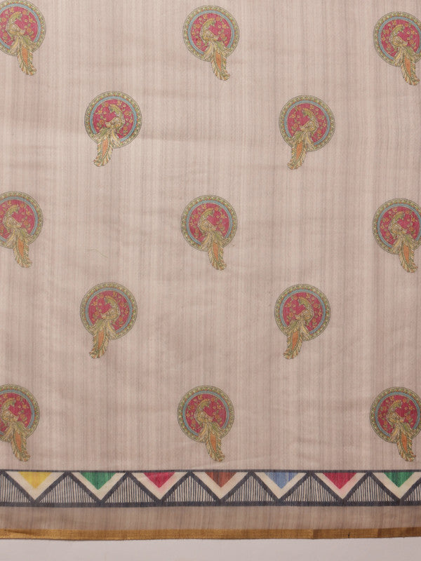 Beige Cotton Blend Printed Madhubani Saree with Unstitched Blouse - Hiral Fashion - Distacart
