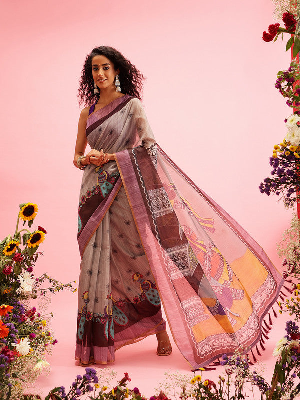 Gray Cotton Blend Printed Madhubani Saree with Unstitched Blouse - Hiral Fashion - Distacart