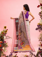 Thumbnail for Gray Cotton Blend Printed Madhubani Saree with Unstitched Blouse - Hiral Fashion - Distacart