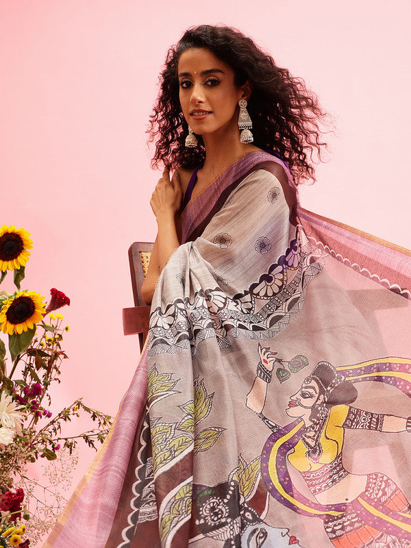 Gray Cotton Blend Printed Madhubani Saree with Unstitched Blouse - Hiral Fashion - Distacart