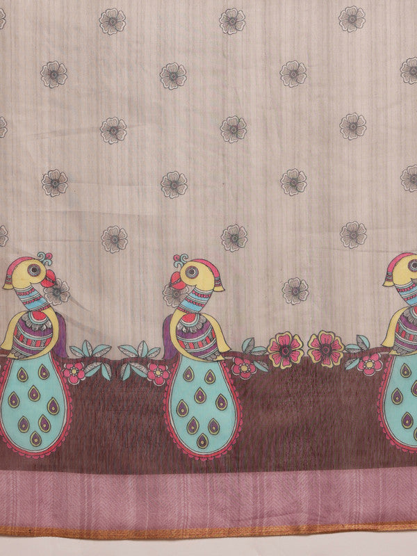 Gray Cotton Blend Printed Madhubani Saree with Unstitched Blouse - Hiral Fashion - Distacart