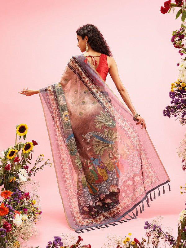 Beige Cotton Blend Printed Madhubani Saree with Unstitched Blouse - Hiral Fashion - Distacart