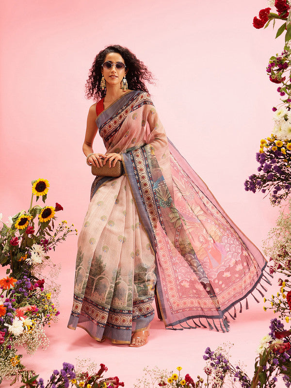 Beige Cotton Blend Printed Madhubani Saree with Unstitched Blouse - Hiral Fashion - Distacart
