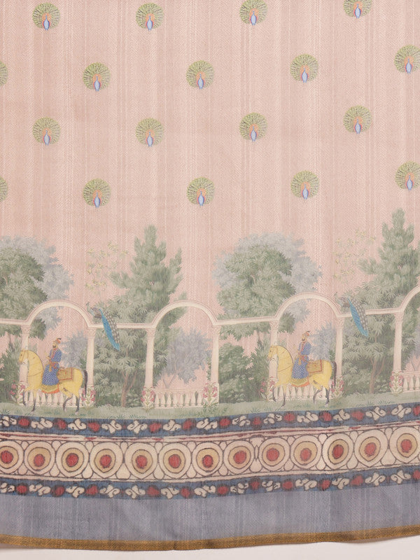 Beige Cotton Blend Printed Madhubani Saree with Unstitched Blouse - Hiral Fashion - Distacart