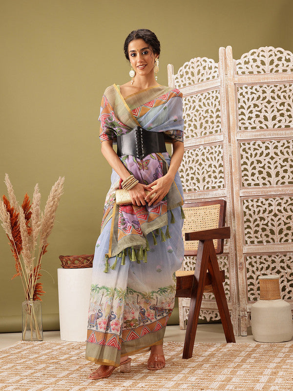 Gray Cotton Blend Printed Madhubani Saree with Unstitched Blouse - Hiral Fashion - Distacart