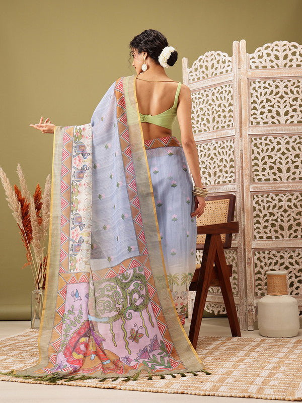 Gray Cotton Blend Printed Madhubani Saree with Unstitched Blouse - Hiral Fashion - Distacart