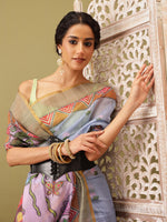 Thumbnail for Gray Cotton Blend Printed Madhubani Saree with Unstitched Blouse - Hiral Fashion - Distacart