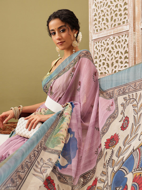 Pink Cotton Blend Printed Madhubani Saree with Unstitched Blouse - Hiral Fashion - Distacart