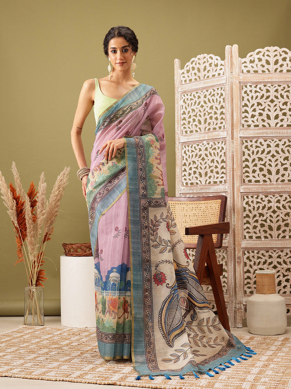Pink Cotton Blend Printed Madhubani Saree with Unstitched Blouse - Hiral Fashion - Distacart