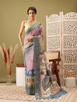 Thumbnail for Pink Cotton Blend Printed Madhubani Saree with Unstitched Blouse - Hiral Fashion - Distacart
