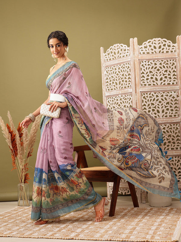 Pink Cotton Blend Printed Madhubani Saree with Unstitched Blouse - Hiral Fashion - Distacart